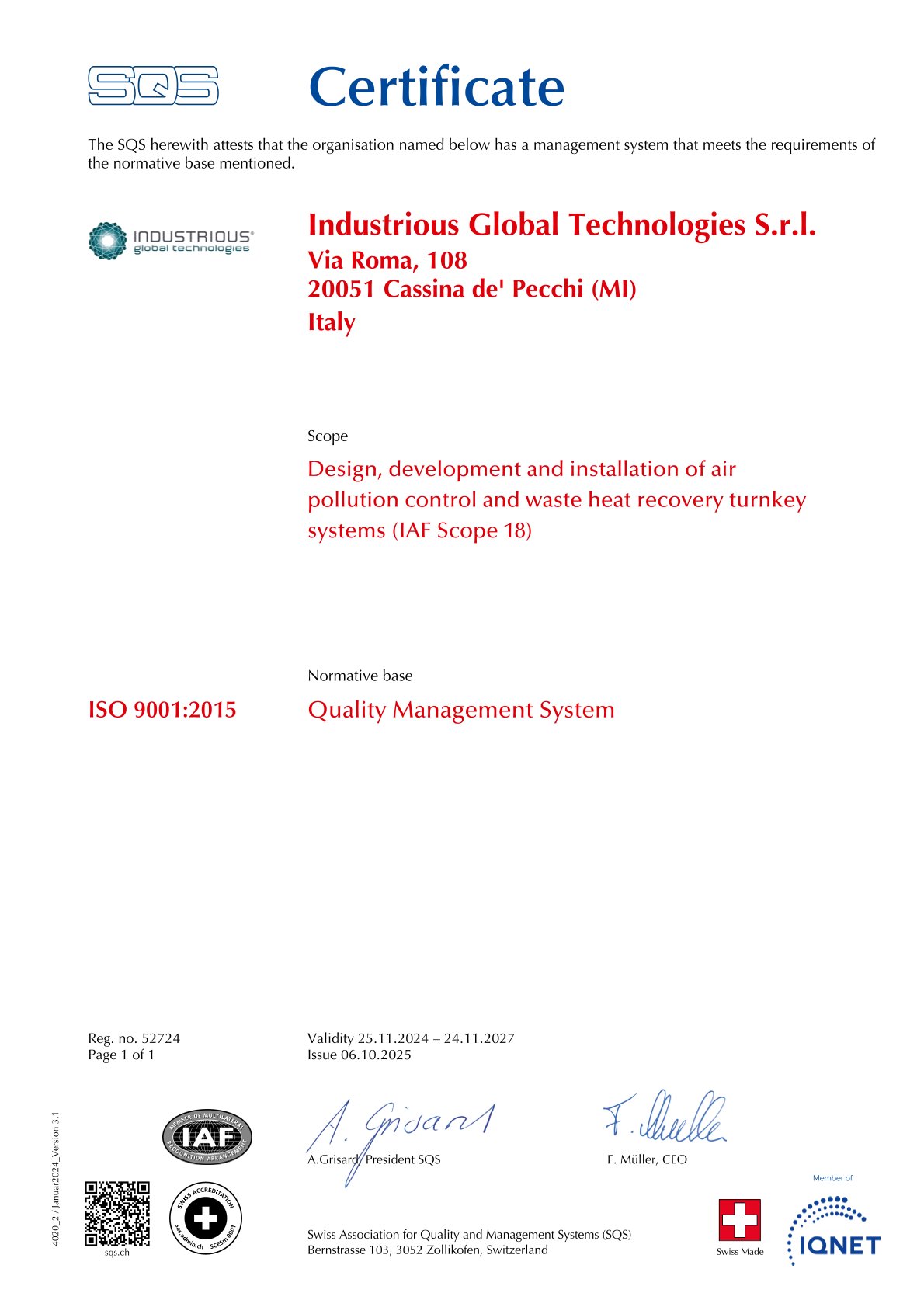 Certificate SQS - ISO 9001:2015