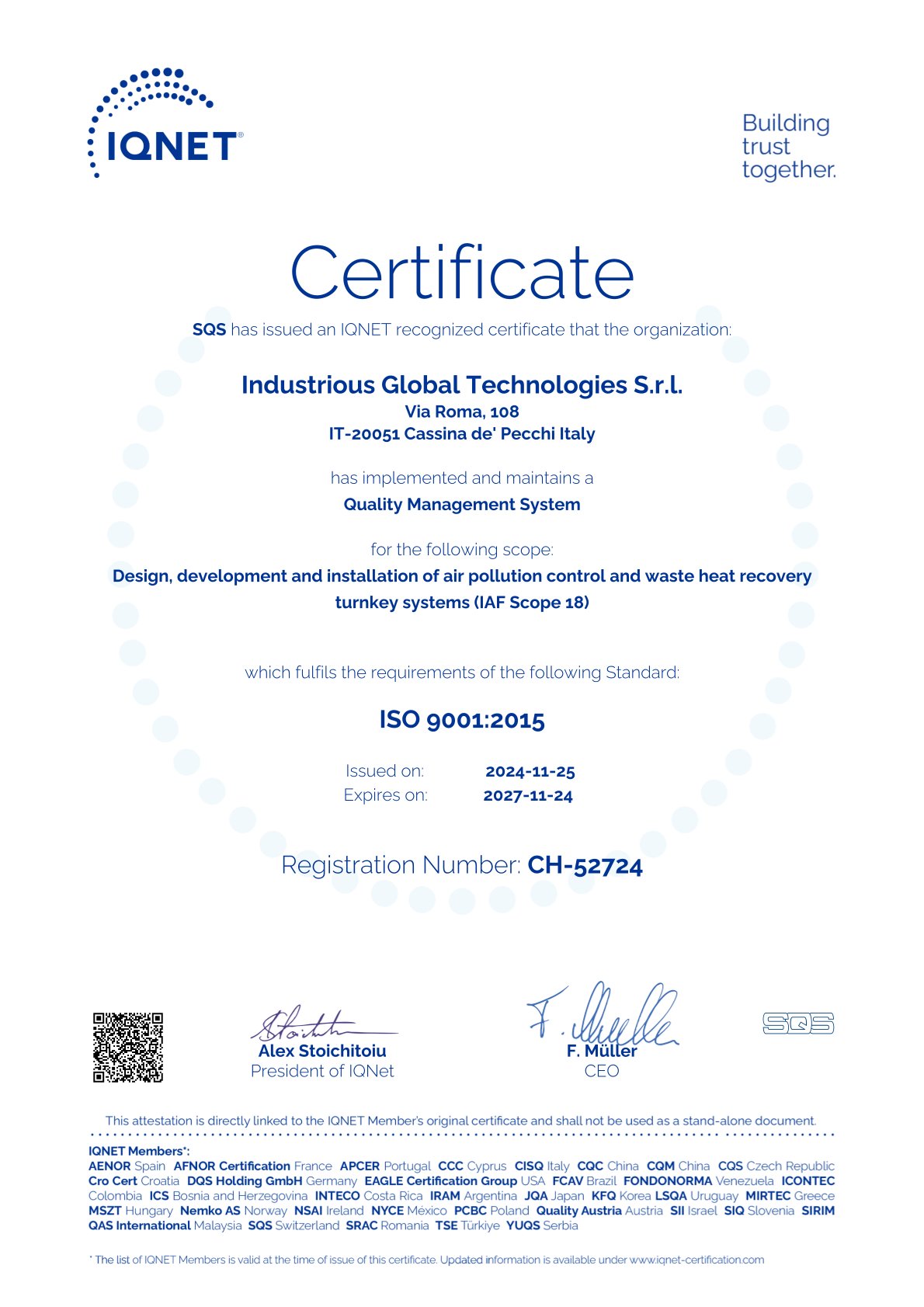 Certificate IQNET SQS - ISO 9001:2015